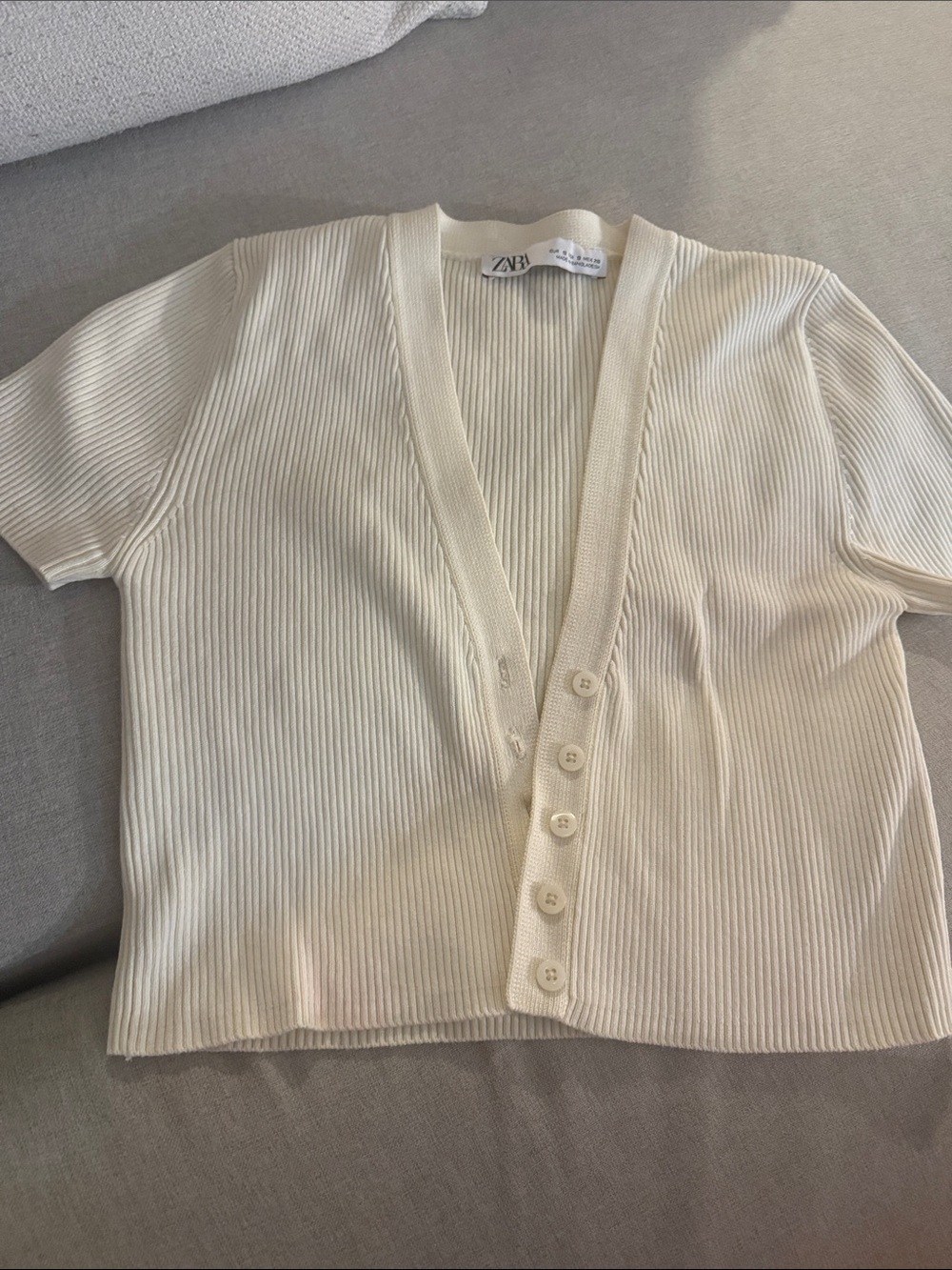 Zara Cream Ribbed Short Sleeve Button-Up Cardigan